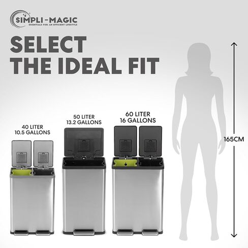 Simpli-magic 60 لتر / 16 جالون مستطيل خالي من اليدين خالية من اليدين إعادة تدوير المقصورة خطوة المطبخ يمكن أن تكون القمامة مع غطاء واحد ناعمة من الفولاذ المقاوم للصدأ (30 لتر × 30L) in Kuwait