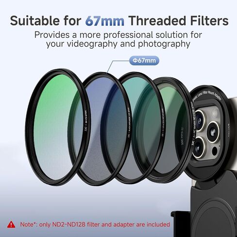 JJC 67mm ND Filter for iPhone, Magnetic Lens Filter Adapter with ND2-128 Variable ND Filter Compatible with iPhone 16 15 14 Pro Max Plus with 1/4" Screw & Shoe Mount for Vlogging Video Recording in Saudi Arabia