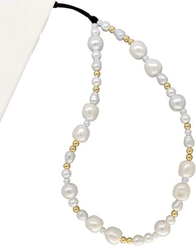 Beaded Phone Charm Y2K Kawaii Handmade Acrylic Phone Lanyard Wrist Strap for Camera Bag Airpods Keychain Charm Gold and White Pearls in Saudi Arabia
