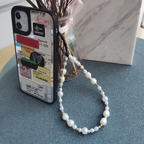 Beaded Phone Charm Y2K Kawaii Handmade Acrylic Phone Lanyard Wrist Strap for Camera Bag Airpods Keychain Charm Gold and White Pearls in Saudi Arabia