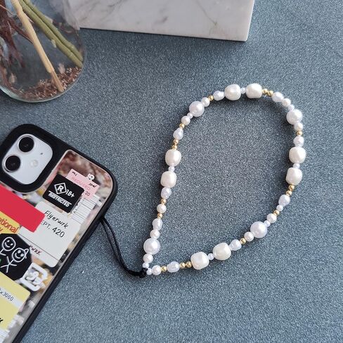 Beaded Phone Charm Y2K Kawaii Handmade Acrylic Phone Lanyard Wrist Strap for Camera Bag Airpods Keychain Charm Gold and White Pearls in Saudi Arabia
