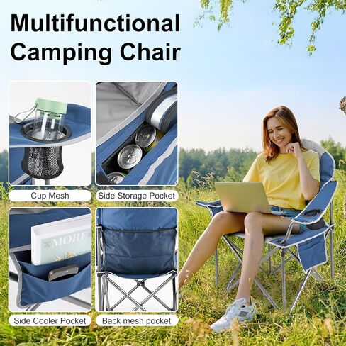 كرسي التخييم كبير الحجم للبالغين ، كرسي قابل للطي محمولة ، ودعم 500 رطل من الصلب كرسي مبطن مع حقيبة برودة حامل الكأس ، والأزرق in Kuwait