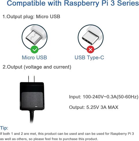 شاحن حائط Micro USB 5.25 فولت 3 أمبير من Mackertop لجهاز Raspberry Pi 3 B+ مزود طاقة يتضمن سلك طاقة بطول 1.8 متر (5.4 قدم) in Saudi Arabia