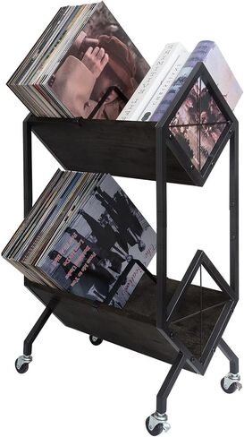 Vinyl Record Storage Holder with Wheels, 2-Tier Record Holder 160-200 LP with Dividers, Retro Style Quick Assembly Vinyl Record Display for Albums, Magazine, Book, Files (2 Tier- Black) in Kuwait