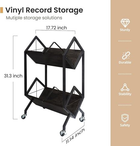 Vinyl Record Storage Holder with Wheels, 2-Tier Record Holder 160-200 LP with Dividers, Retro Style Quick Assembly Vinyl Record Display for Albums, Magazine, Book, Files (2 Tier- Black) in Kuwait