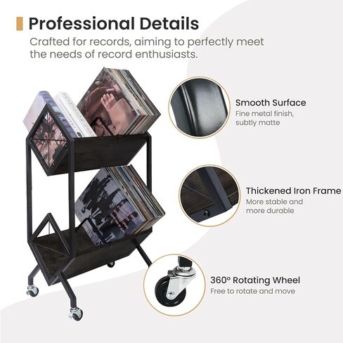 Vinyl Record Storage Holder with Wheels, 2-Tier Record Holder 160-200 LP with Dividers, Retro Style Quick Assembly Vinyl Record Display for Albums, Magazine, Book, Files (2 Tier- Black) in Kuwait