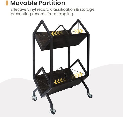Vinyl Record Storage Holder with Wheels, 2-Tier Record Holder 160-200 LP with Dividers, Retro Style Quick Assembly Vinyl Record Display for Albums, Magazine, Book, Files (2 Tier- Black) in Kuwait