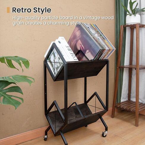 Vinyl Record Storage Holder with Wheels, 2-Tier Record Holder 160-200 LP with Dividers, Retro Style Quick Assembly Vinyl Record Display for Albums, Magazine, Book, Files (2 Tier- Black) in Kuwait
