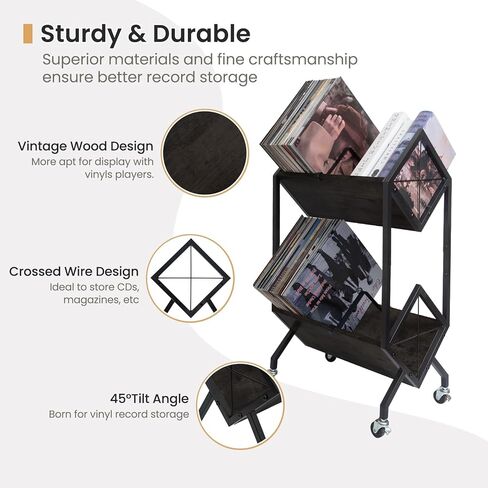 Vinyl Record Storage Holder with Wheels, 2-Tier Record Holder 160-200 LP with Dividers, Retro Style Quick Assembly Vinyl Record Display for Albums, Magazine, Book, Files (2 Tier- Black) in Kuwait
