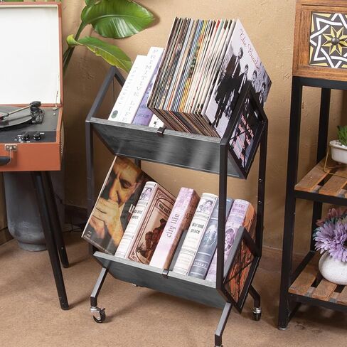 Vinyl Record Storage Holder with Wheels, 2-Tier Record Holder 160-200 LP with Dividers, Retro Style Quick Assembly Vinyl Record Display for Albums, Magazine, Book, Files (2 Tier- Black) in Kuwait