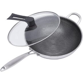12in Woks & Stir Fry Pans Wok Pan with Lid, No Chemical Coated Chinese Woks for Electric, Induction,Gas Stoves