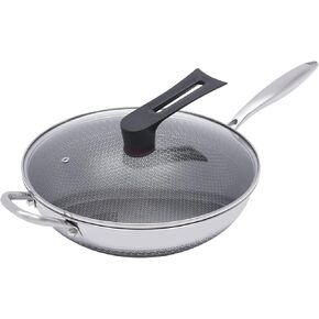 Wok Pan with Lid - 12 Nonstick Wok, Flat Bottom Chinese wok for Electric, Induction and Gas Stoves