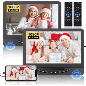 12" Dual Portable DVD Player for Car with 1080P HDMI Input, FELEMAN Car DVD Player Dual Screen Play A Same or Two Different Movies, 5 Hours Rechargeable, Support USB, AV in, Lsat Memory