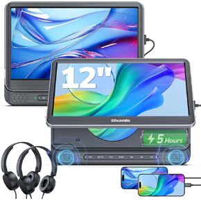 12" Dual Car DVD Players with HDMI Input, Headrest DVD Players for Car with Headphones, 5-Hour Battery, 1366 * 768 Screen Mirroring, USB/TF Reader, MP4/MKV, Region Free, Last Memory