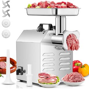 #12 Commercial Meat Grinder, 840 LB/H,1.2HP, Heavy Duty Industrial Meat Grinder, Sausage Stuffing Machine with 2 Stainless Steel Blade, 2 Grinding Plates, Sausage Kit (#12-840LB/H)