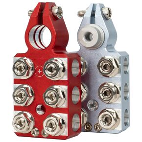 Lead Acid Battery Terminal Connectors, Positive and Negative Set, for SAE/DIN/EN Tapered Top Post, 16-Way Clamps, Compatible with 8AWG to 4/0 AWG