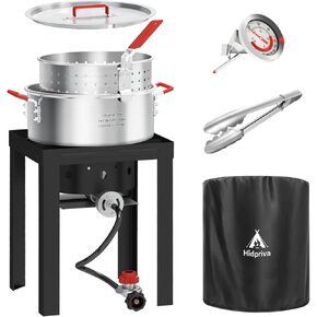 10QT Propane Fish Fryer with Lid, Cover, Fryer Tong & Thermometer, 8QT Basket for Frying Fish, Chicken Wings, French Fries, Deep Fryers with 5 PSI Regulator & 55,000 BTU Burner for Outdoor Cooking