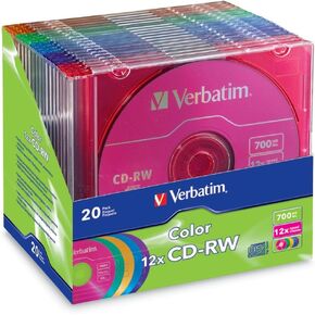 Verbatim CD-RW 700MB 2X-12X Color Rewritable Media Disc - 20 Pack Slim Case - 96685,assorted