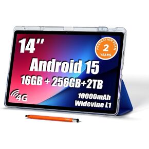 14 بوصة شاشة شاشة كبيرة ، Android 15 Tablet 16GB RAM 256GB ROM ، 1920*1200 IPS FHD Display ، Widevine L1 ، 10000mah 18W Charging ، Wi-Fi & Bluetooth ، 4G LTE ، مع CASE و STAND ، حماية لمدة عامين.