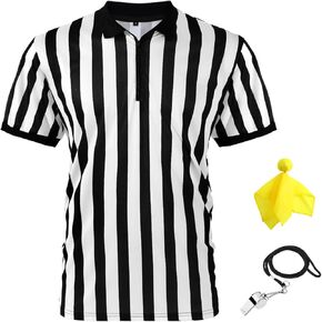 Men's Referee Shirt, Black and White Stripe Umpire Jersey, Yellow Penalty Flag and Stainless Steel Whistle with Lanyard