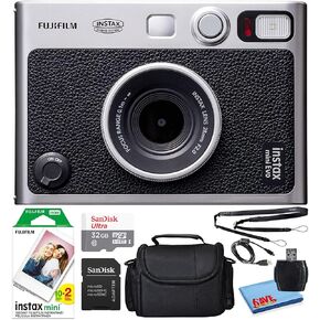 Fujifilm Instax Mini EVO Hybrid Instant Film Camera (Black) (16745183) Bundle with 20 Instant Film Sheets + 32GB Memory Card + Small Padded Case + SD Card Reader + Microfiber Cleaning Cloth (Renewed)