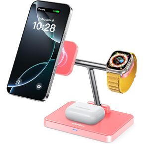 DUMTERR 3 in 1 Foldable Wireless Charging Station for Mag-Safe Charger for iPhone 16/15/14/13/12,for Apple Watch Series & AirPods - Wireless Charger Stand with N52 Strong Magnetic & Safety Protections