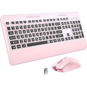 Silent Wireless Keyboard and Mouse Combo - Keyboard with Large Print Cover, 2.4GHz Full-Sized Ergonomic Keyboard with Wrist Rest and Rechargeable Mouse for Laptop, PC, Notebook, Desktop