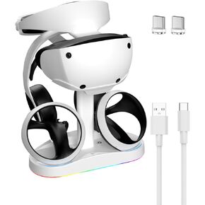 Charging Station for PSVR 2, Vertical PlayStation VR2 Headset Display Stand, Dual PSVR2 Controller Charging Dock with LED Indicator, 9 RGB Light Modes