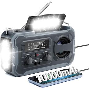 Hand Crank Emergency Radio, 10000mAh Weather Radio with AM/FM/NOAA, Solar Prower, SOS Alarm, Phone Charging, LED Flashlight, Portable Survival Gear for Outdoor & Home Emergencies Kits, Grey