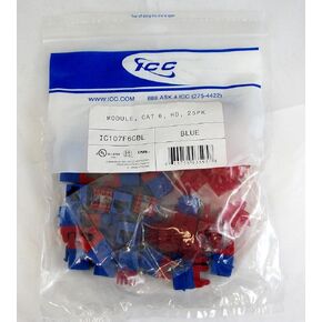 ICC CAT6 Keystone Jack with Slim Profile 180 Degree Punch Down, RJ45 UL Listed PoE++ TAA Compliant for Wall Plate or Patch Panel, Works with JackEasy Termination Tool, Blue 25 Pack