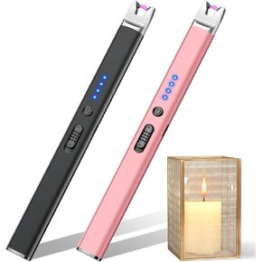 LcFun 2 Pack Candle Lighter Electric USB Rechargeable Plasma Arc Lighter with Safety Lock, Windproof Flameless Long Lighters for Candle, Grill, BBQ, Camping, Gas Stoves (Black, Champagne Gold)