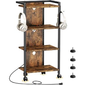 Mobile AV Media Stand with Power Outlets,4-Tier Media Console with 4 Rolling Caster Wheels,Versatile Entertainment Stand for Stereo, and Gaming Devices, Sturdy and Convenient (Brown)