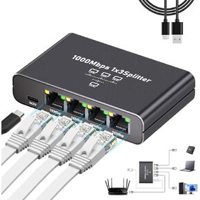 Gigabit Ethernet Splitter 1 إلى 2-1000Mbps High Speed ​​RJ45 PORT PORT مع قوة USB-C ، مفتاح شبكة LAN لكابلات CAT5/5E/6/7/8 ، سدادات وتشغيل 1 في 2 Out Internet Flitter for Game Stream TV