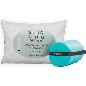 Coop Home Goods Original Adjustable Travel Pillow and Waterproof Pillow Protector Grey Bundle with Compressible Stuff Sack, Medium-Firm Memory Foam and Washable Cover, CertiPUR-US Certified (19x13)