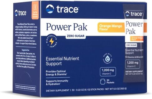 Trace Minerals | Power Pak Sugar Free Electrolyte Powder Packets | 1200 mg Vitamin C, Zinc, Magnesium | Boost Hydration, Immunity, Energy, Muscle Stamina | Keto Friendly | Orange Mango | 30 Packets in Kuwait