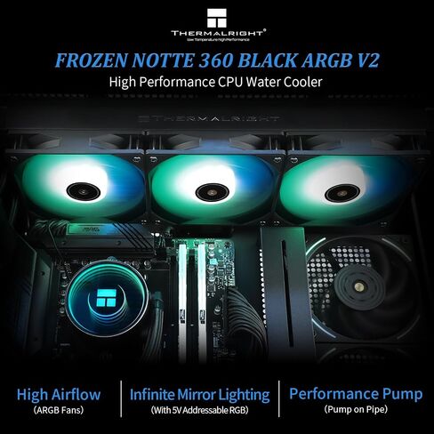 Thermalright Frozen Notte 360 ​​Black ARGB Water Cooling CPU Cooler، مواصفات مبرد وحدة المعالجة المركزية 360 أسود، مراوح PWM 3 × 120 مم، محامل S-FDB V2، مناسبة لـ AMD/AM4/AM5، Intel 1700/1150/1151/1200/2011 in Kuwait