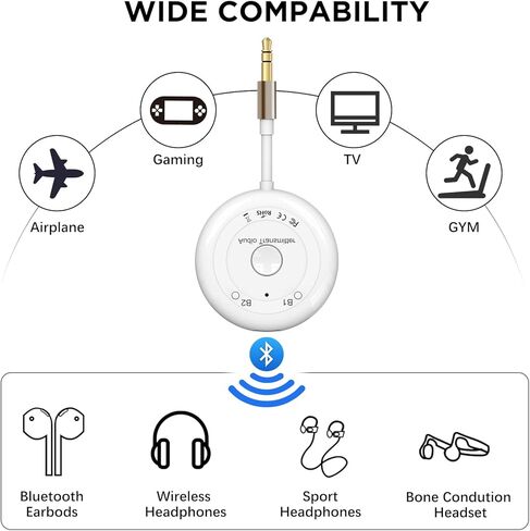 Airplane Bluetooth 5.3 Transmitter Adapter-Low Latency Wireless Audio for AirPods/Earbuds/Headphones on Flights, Gym, TV, with 3.5mm AUX Jack in Saudi Arabia