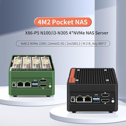 4 x NVMe Mini NAS Server, 4 Bay NAS i3-N305 Pocket PC with Dual i226-V 2.5GbE LAN,Dual HDMI 2.0,USB3.2 Gen2,Support BT5.4/WiFi6/WiFi7 (i3-N305, NO RAM NO SSD) in Kuwait