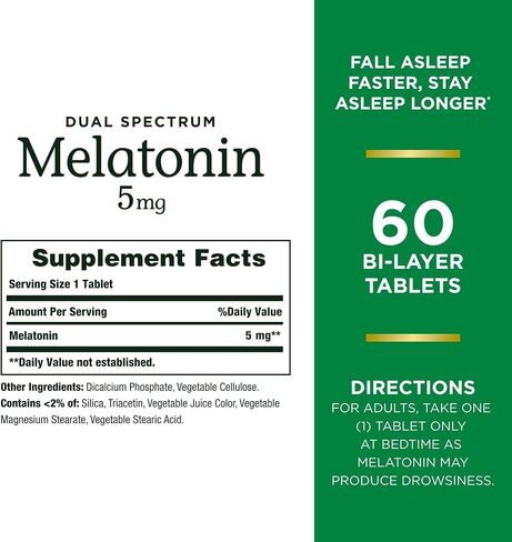 Nature's Bounty Melatonin 5mg Dual Spectrum, 100% Drug Free Sleep Supplement, Quick Release and Extended Release, Promotes Relaxation and Sleep Health, 60 Bi-Layer Tablets (Pack of 2) in Saudi Arabia