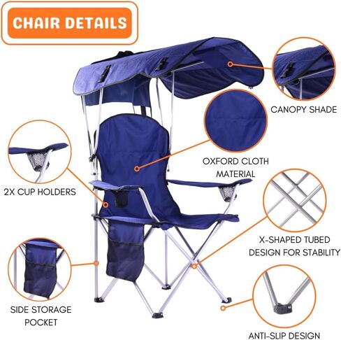 Portable Folding Camping Chairs with Canopy Shade, Beach Chair for Adults, Durable Weather Resistant 600D Oxford Cloth, Camping Chair with Canopy for Outdoors [Blue] in Saudi Arabia