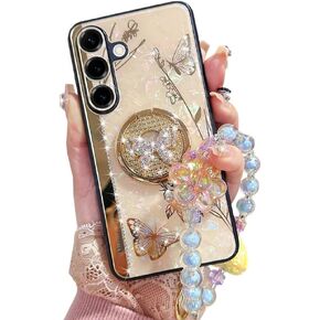 for Samsung Galaxy A36 Case with Kickstand,A36 5G Phone Case Girly Bling Diamond Butterfly Design,Luxury Plating Sparkle Pearl Hard Back Soft TPU Bumper with Bead Strap for Women Girls Purple