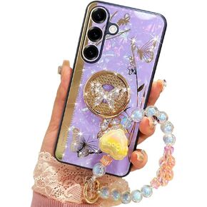 for Samsung Galaxy A36 Case with Kickstand,A36 5G Phone Case Girly Bling Diamond Butterfly Design,Luxury Plating Sparkle Pearl Hard Back Soft TPU Bumper with Bead Strap for Women Girls Purple in Kuwait