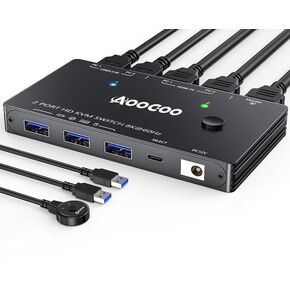 HDMI Displayport KVM Switch 2 Monitors 2 PC 4K@60Hz/2K@120Hz KVM Switches with USB 3.0 Port,Wired Remote and USB3.0 Cables Included