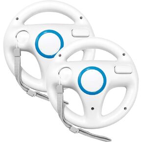 Racing Steering Wheel with Wrist Strap for Wii and Wii U Remote Controller (2 Sets White Color Bundle)