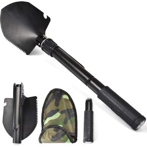 Folding Shovel, Camping Survival Shovel with Pickaxe Mini Compact Pickaxe with Carrying Pouch for Gardening, Off Road, Hunting, Hiking, Gardening,Car Emergency, Remove Ice (Military Green)