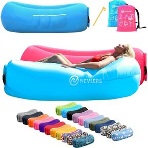 Nevlers Blue & Purple Inflatable Lounger 2 Pack | 210T Polyester Inflatable Chair | No-Pump Air Couch | Blow Up Couch Set w/ 450 lbs. Capacity, Pockets & Carry Bags for Use as Beach Accessories
