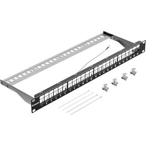VCELINK 24-Port Blank Keystone Shielded Patch Panel, 1U Rackmount Housing with Cable Management Bar and Ground Wire, Compatible with RJ45, HDMI, and Blank Keystone, 19 Inch