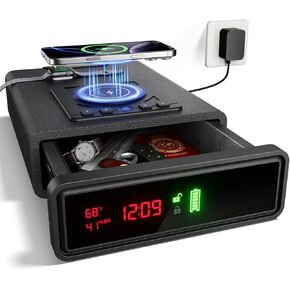Biometric Smart Safe with Wireless Charging for Phone and Watch, Auto-Open Door with Fingerprint Lock, Backlit Keypad - Compact Nightstand Drawer with LED Light, 24/7 Digital Clock, Car, Office