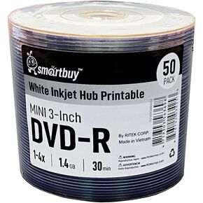 50 Pack Smartbuy Mini DVD-R 3 inch 8cm 4X 1.4 GB 30 Min Blank Recordable Disc for Camcorders Handycam