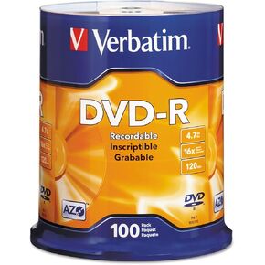 Verbatim 95102 DVD-R Discs, 4.7GB, 16x, Spindle, Silver, 100/Pack